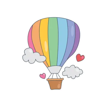 a hot air balloon with hearts floating in it