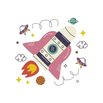 an illustration of a rocket with space and stars around it