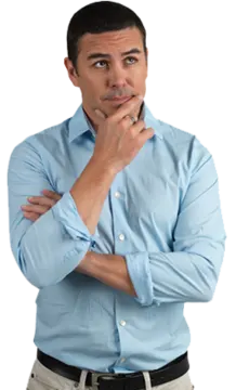 a man in a blue shirt with his hand on his chin