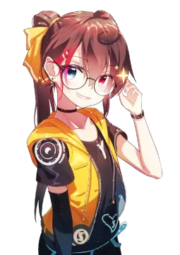 an anime girl with long brown hair, wearing a yellow top and black pants