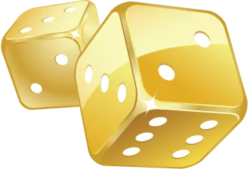 two golden dice with holes on them
