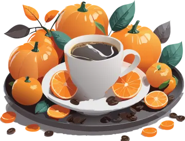 a cup of coffee and oranges on a plate