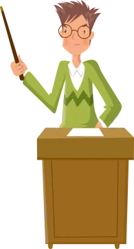 a man sitting at a desk with a pointer in his hand