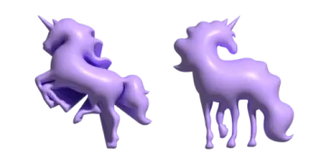 two purple unicorns standing next to each other one