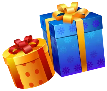 a blue and yellow gift box with a red bow