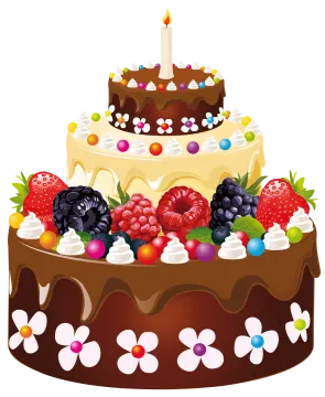 a birthday cake with chocolate and fruit on top