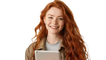 a girl with long red hair holding a tablet