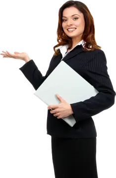 a woman in a business suit holding a laptop