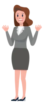 a woman in a business suit with her hands out