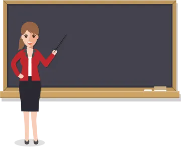 a woman teacher standing in front of a blackboard