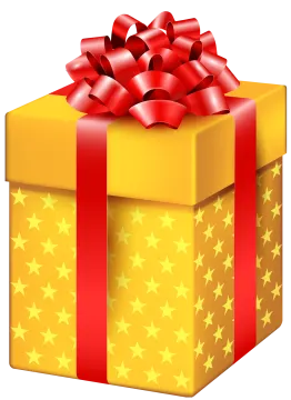 a yellow gift box with red ribbon and stars