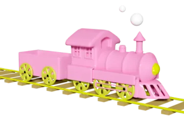 a pink toy train is shown on a white background