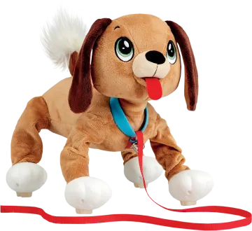 a stuffed dog with a red ribbon around its neck