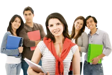 a group of people standing in front of a white background