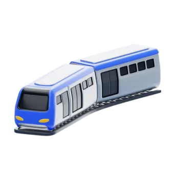 a blue and white train on a white background