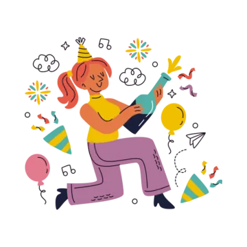 an illustration of a woman with balloons and cons
