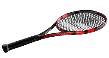 a black and red tennis racket with a white background