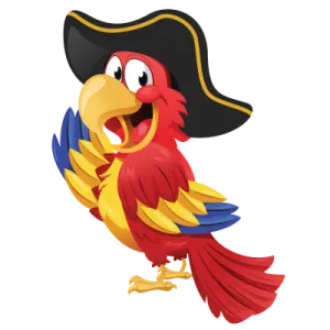 a red and yellow parrot in a pirate hat