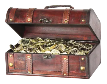 a wooden chest filled with gold coins