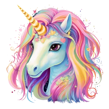 an illustration of a unicorn's head with colorful hair