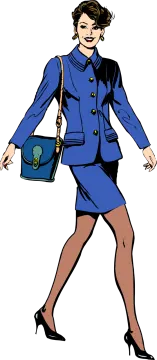 a woman in a blue suit carrying a purse
