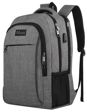 a gray backpack with black straps and zippers