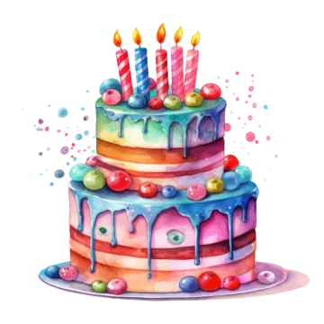a watercolor painting of a birthday cake