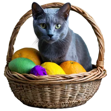 a gray cat sitting in a basket of fruit