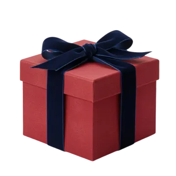 a red gift box with a blue ribbon