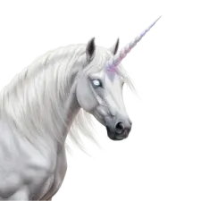 a white unicorn with long hair and blue eyes