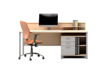 an office desk with a computer on it