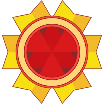 a gold medal with a red ribbon around it