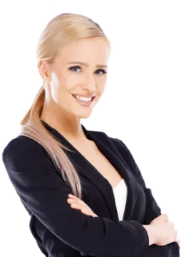 a woman in a business suit with her arms crossed