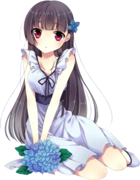 an anime girl sitting on the ground with a flower in her hand