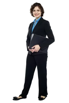 a woman in a suit and tie holding a folder
