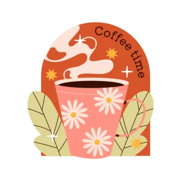 a cup of coffee with flowers and leaves around it