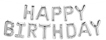 a happy birthday banner with silver foil balloons