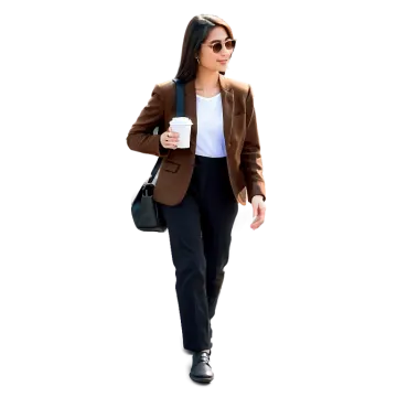 a woman in a brown jacket and black pants