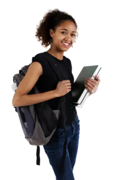 a girl with a backpack holding a book
