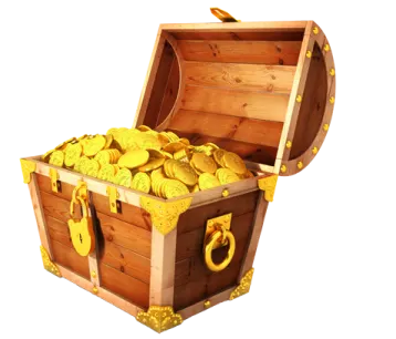 a wooden chest filled with gold coins