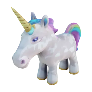 a white unicorn with purple and yellow manes