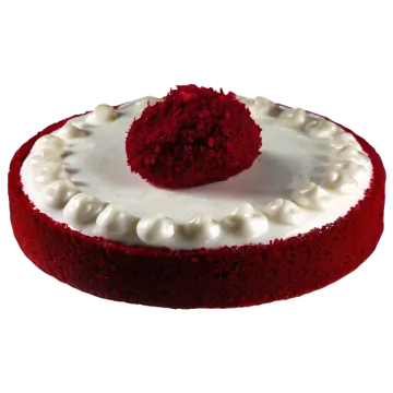 a red velvet cake topped with white frosting