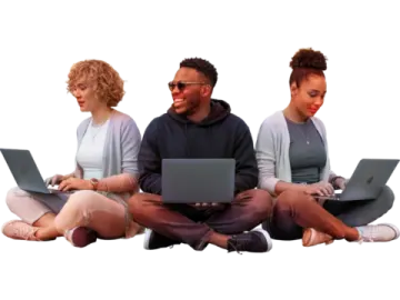 three people sitting on the floor with laptops