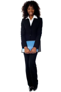 a woman wearing a suit and holding a blue purse