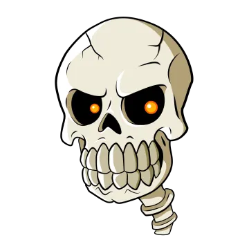 a cartoon skull with orange eyes