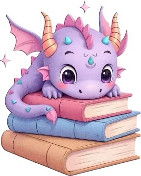 a purple dragon sitting on top of a pile of books