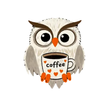 an owl with a coffee cup in its mouth