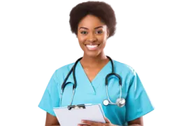 a woman in scrubs holding a clipboard