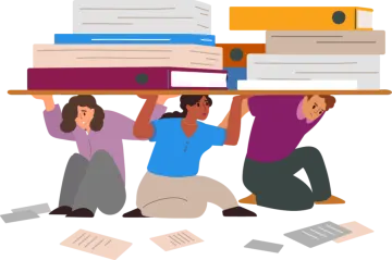 three people carrying a stack of papers