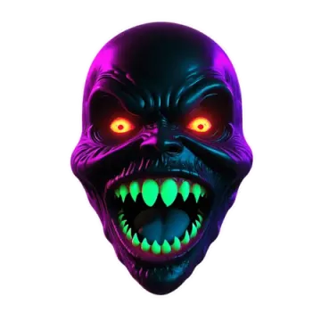 an alien head with glowing eyes and fangs